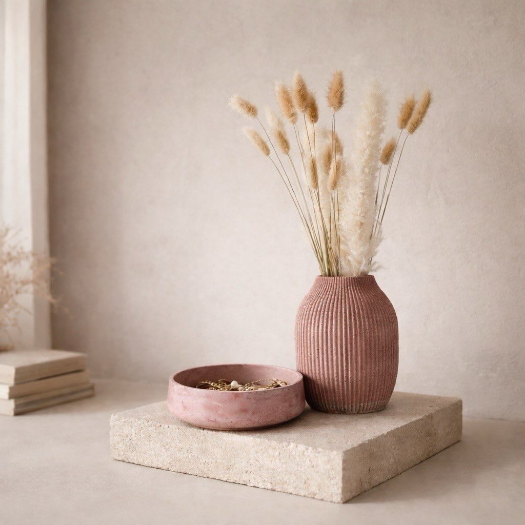 Ribbed Cement Vase and Bowl